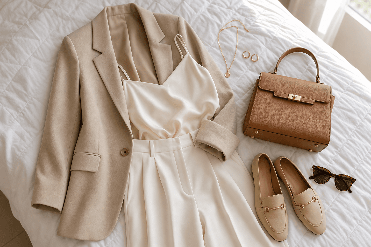 Spring brunch outfit flat lay with blazer, trousers, handbag, loafers, and jewelry on a white comforter